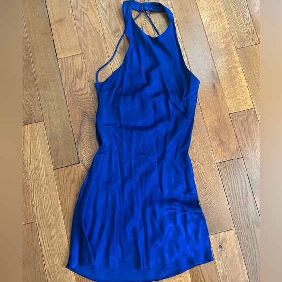 Zara blue silky satin dress with open back rhinestone chain detail - Picture 2 of 5